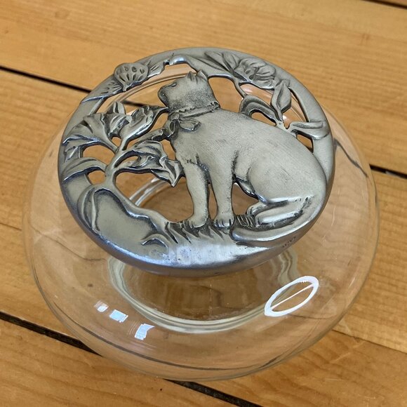 Seagull Pewter Flower Cat Potpourri Jar Glass Vanity Trinket Dish Vintage 1988 - Picture 1 of 6